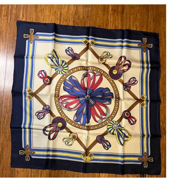 Longchamp Square Silk Scarf Ribbon Design Navy Border 90x90 cm 35x35 inches - Picture 1 of 9